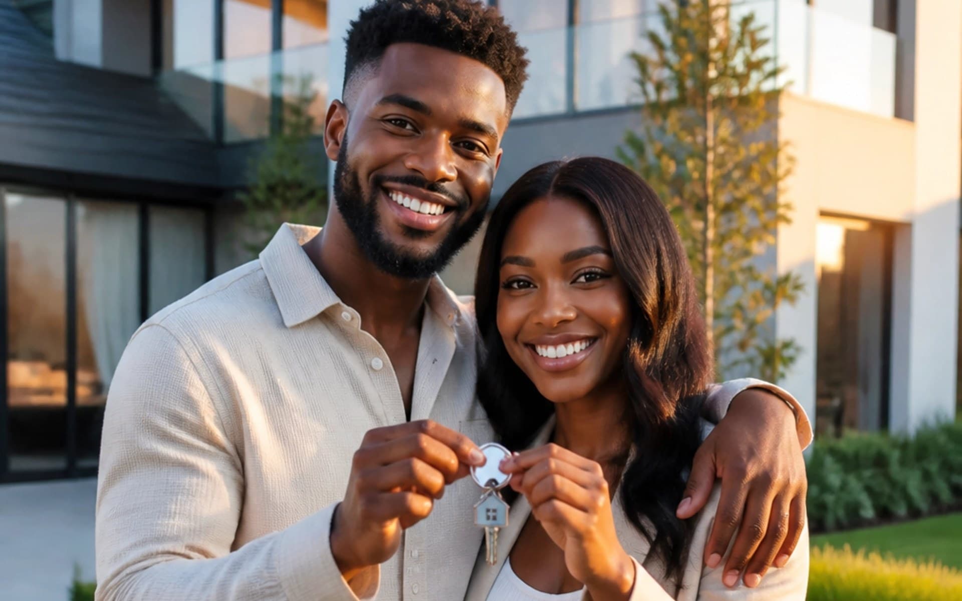 A smiling couple holding a house key in front of a modern home