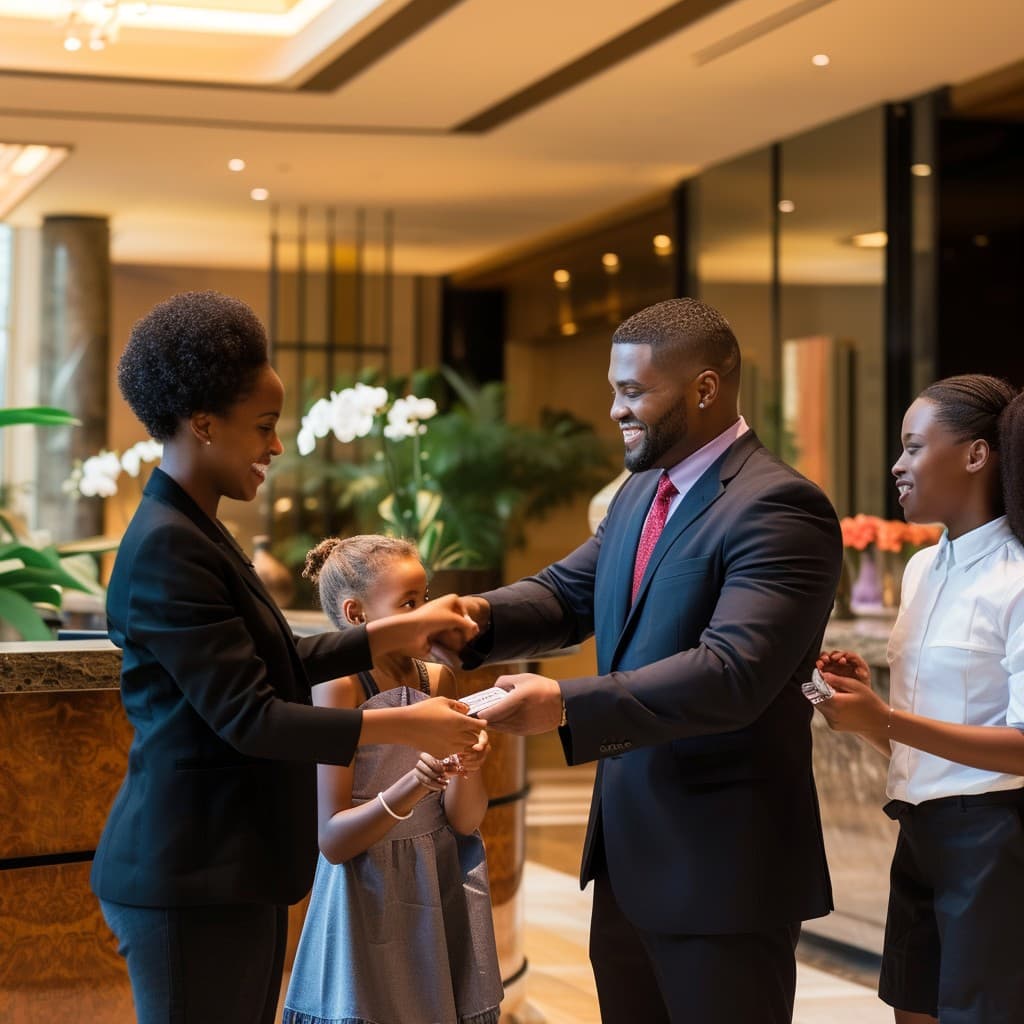 A family checking in at a hotel reception and receiving their key card